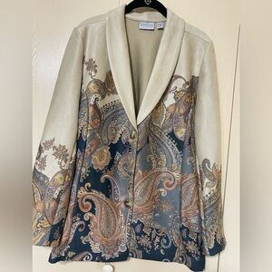 Susan Graver Paisley Lightweight Suede Blazer in Cream and Navy